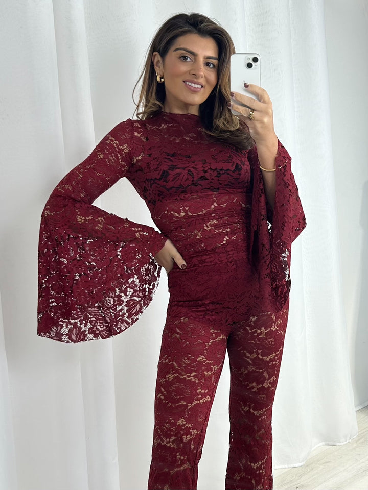 Lace Bell Sleeve Top & Flared Trouser Co-Ord (3 Colours)