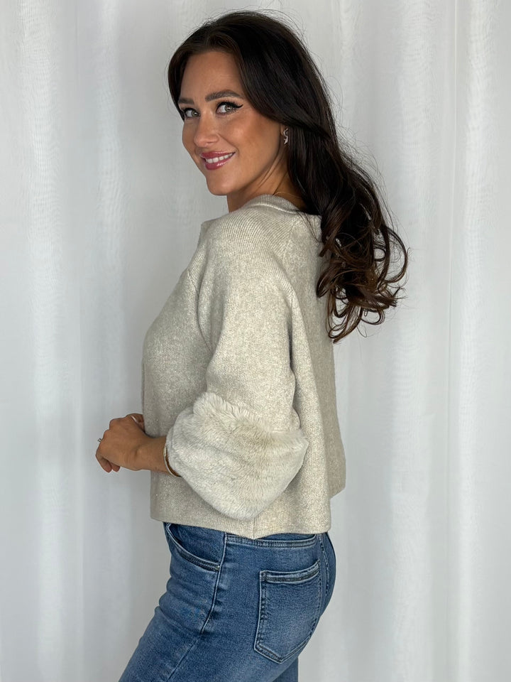 Round Neck Button Down Fur Cuff Sleeve Cardigan (3 Colours)
