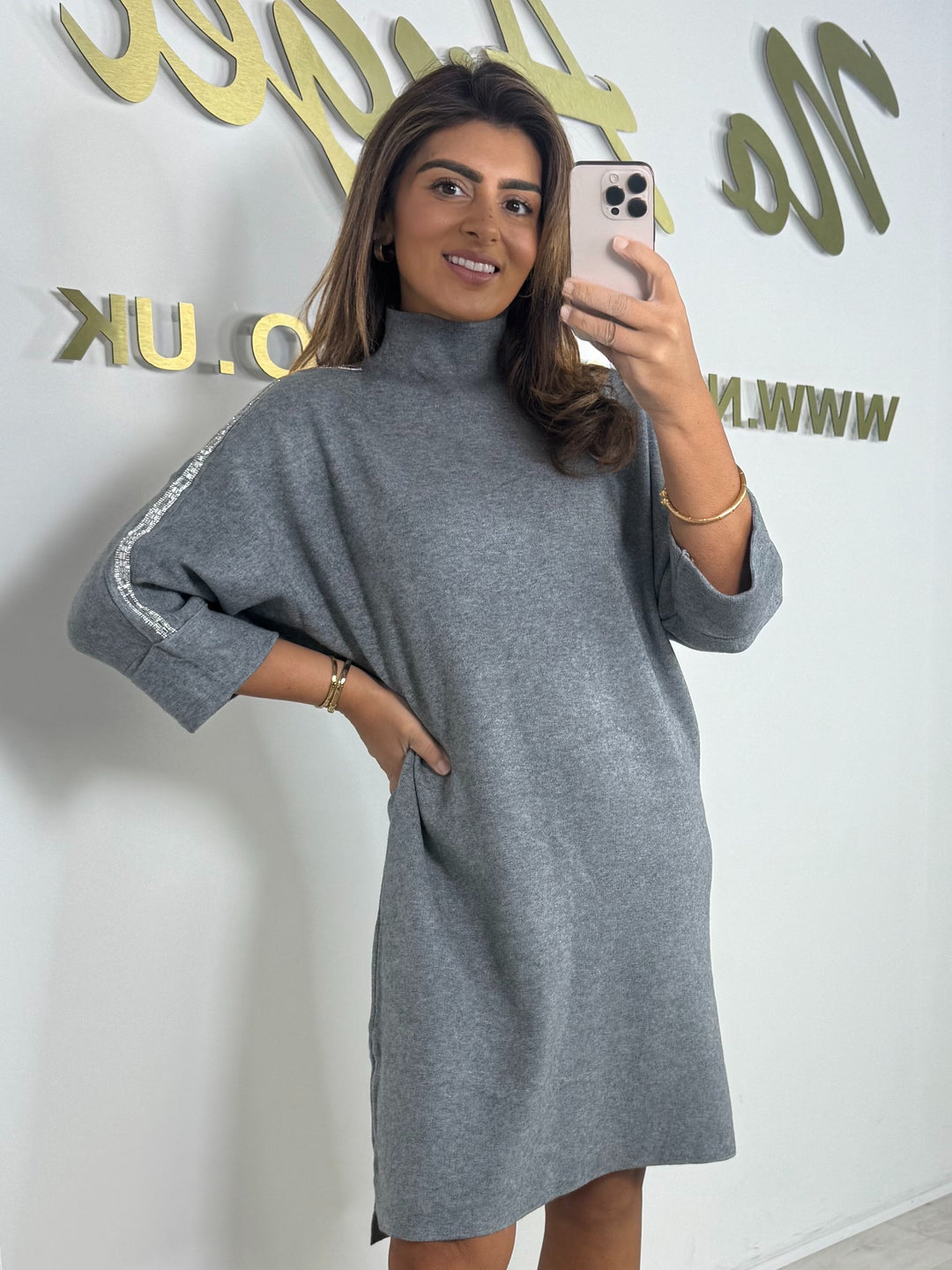Turtle Neck Diamante Strip Flat Knit Dress (5 Colours)