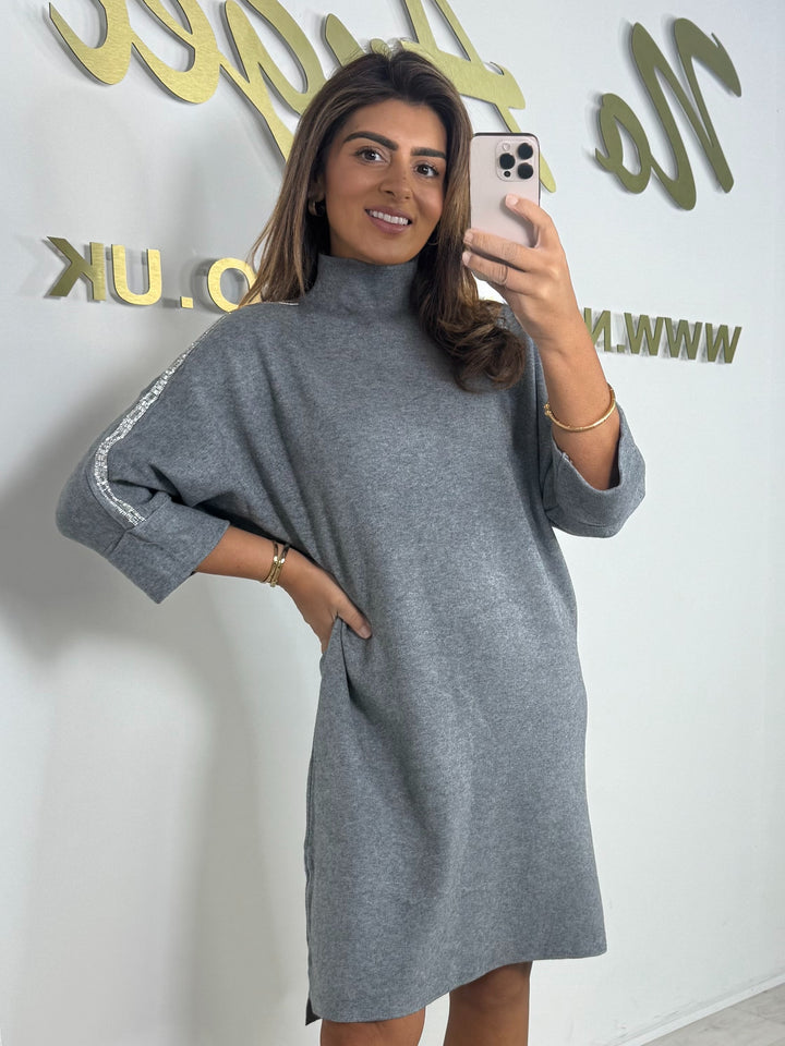 Turtle Neck Diamante Strip Flat Knit Dress (5 Colours)