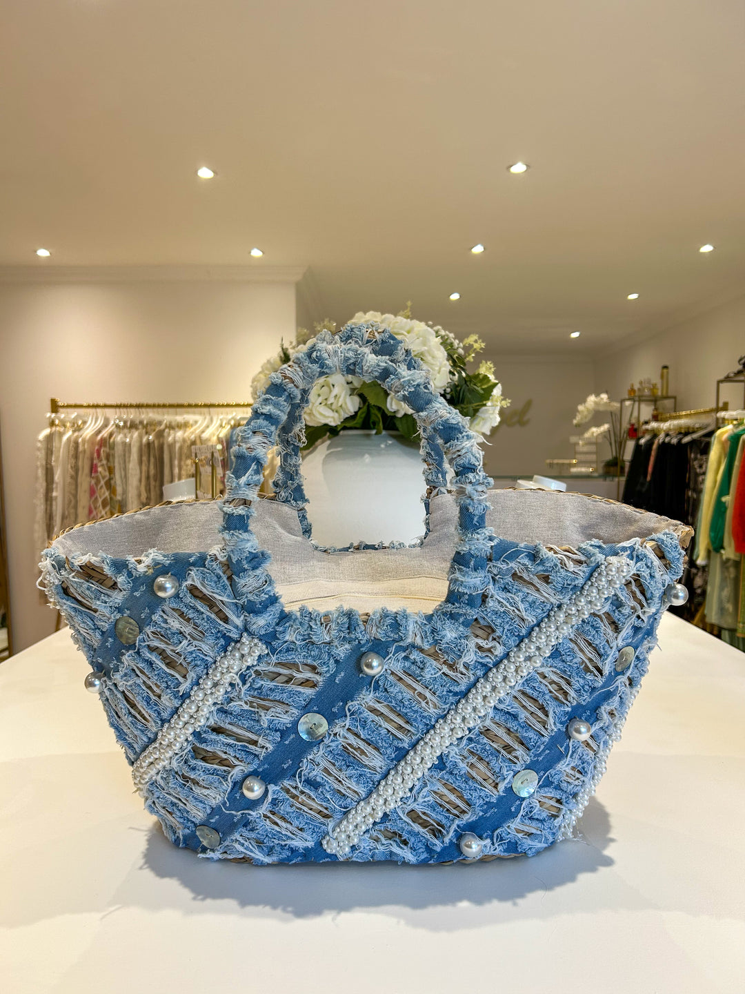 Blue Denim Pearl Button Detail Beach Bag