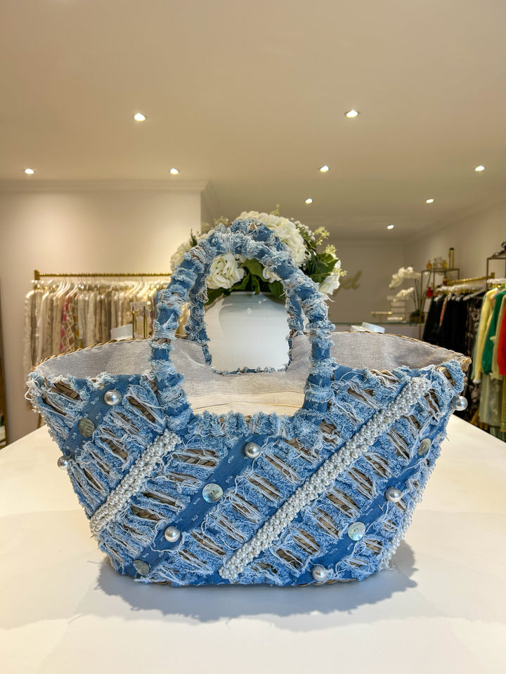 Blue Denim Pearl Button Detail Beach Bag