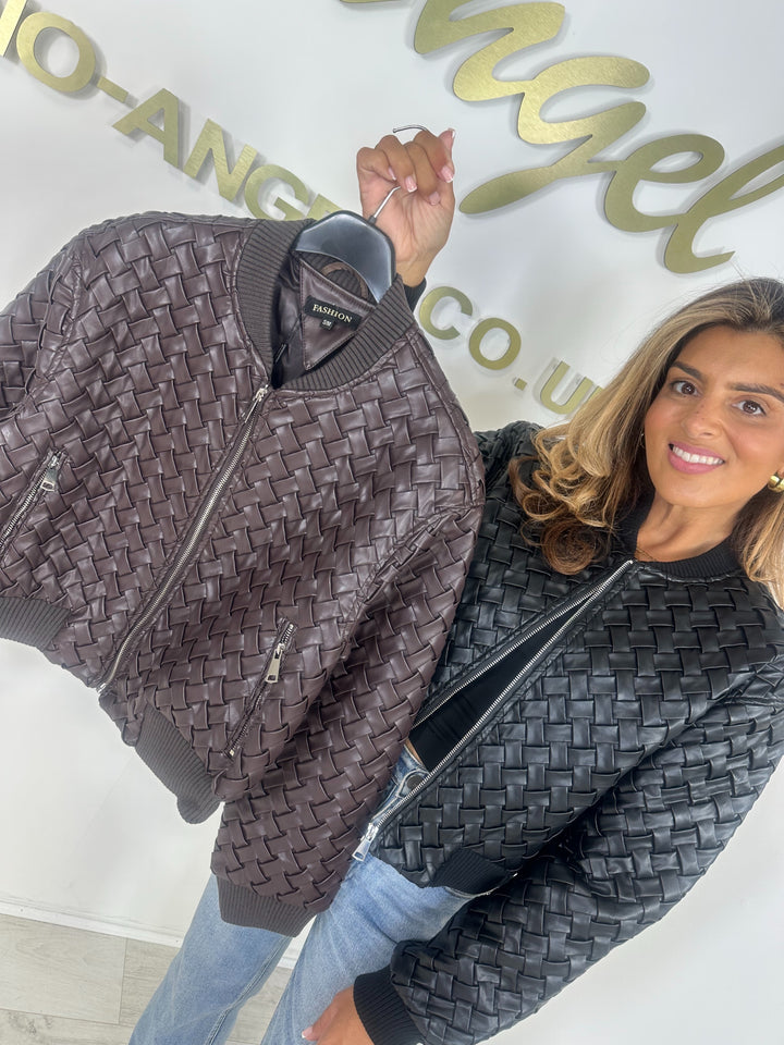 Quilted Woven Zip Up Leather Look Bomber Jacket (2 Colours)