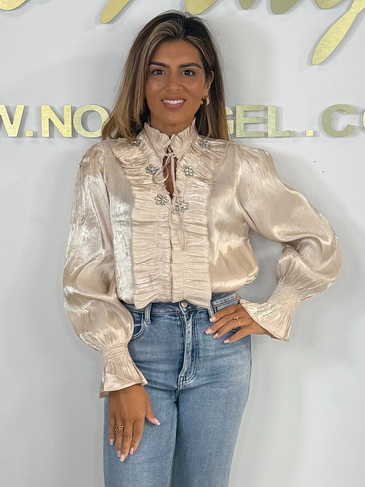Fringe Detail Grandad Collar Jewelled Detail Balloon Sleeve Blouse (3 Colours)