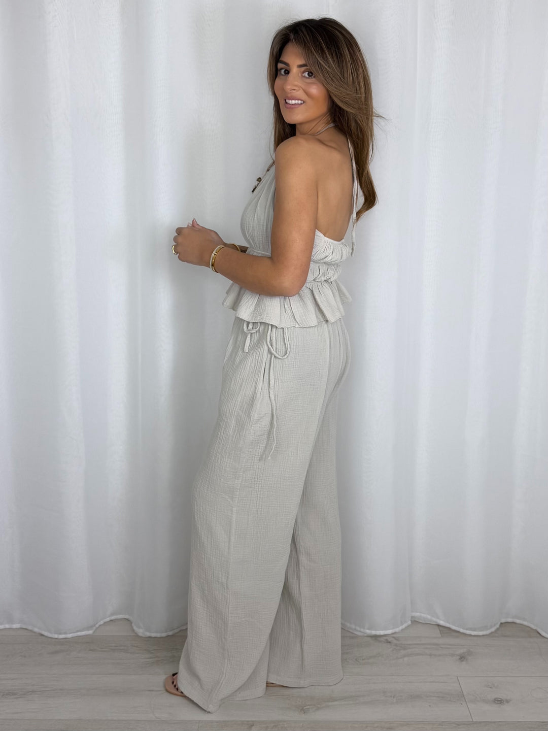 Cheesecloth Halter Neck Tie Ruffle Top & Trouser Co-Ord (8 Colours)