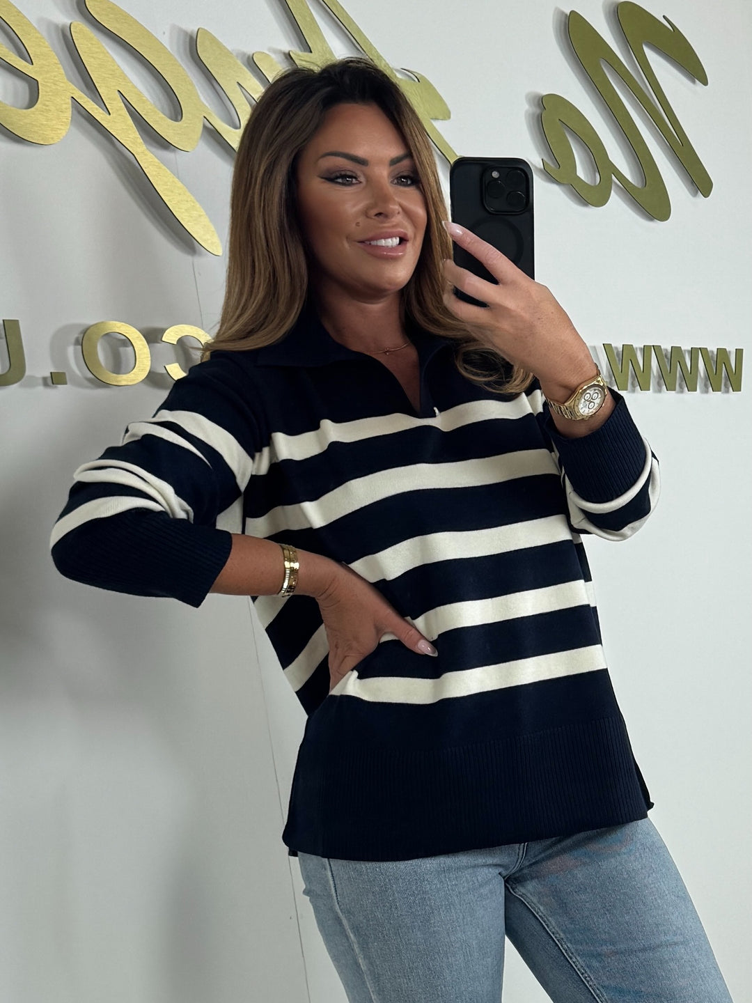Soft Knit Collared V-Neck Stripe Jumper (2 Colours)