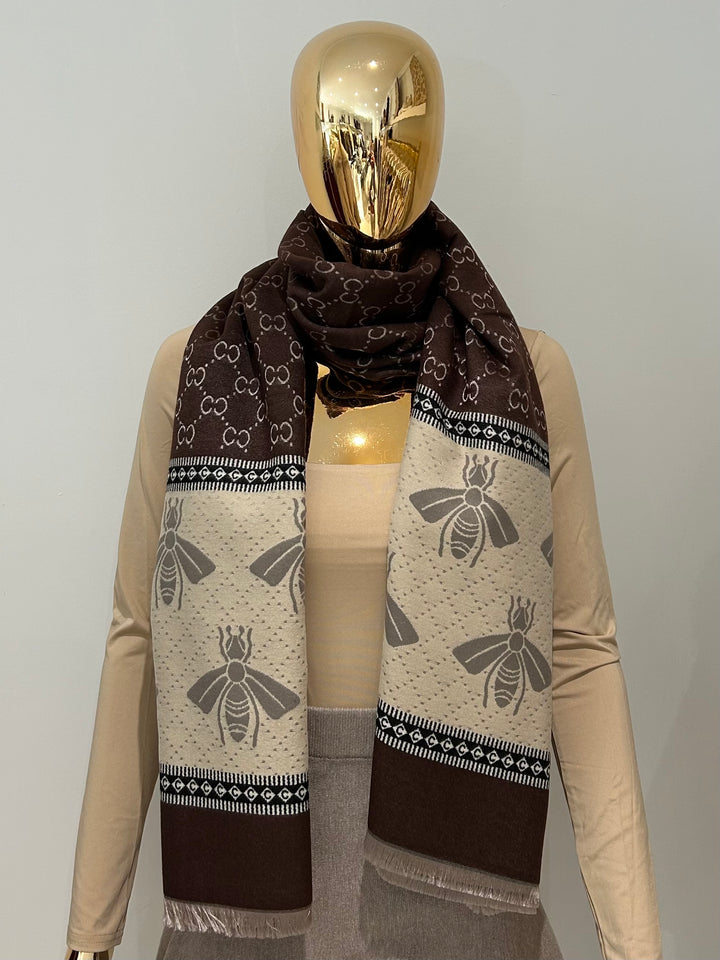 Reversible Bee Print Border Design Frayed Edge Scarf (2 Colours)