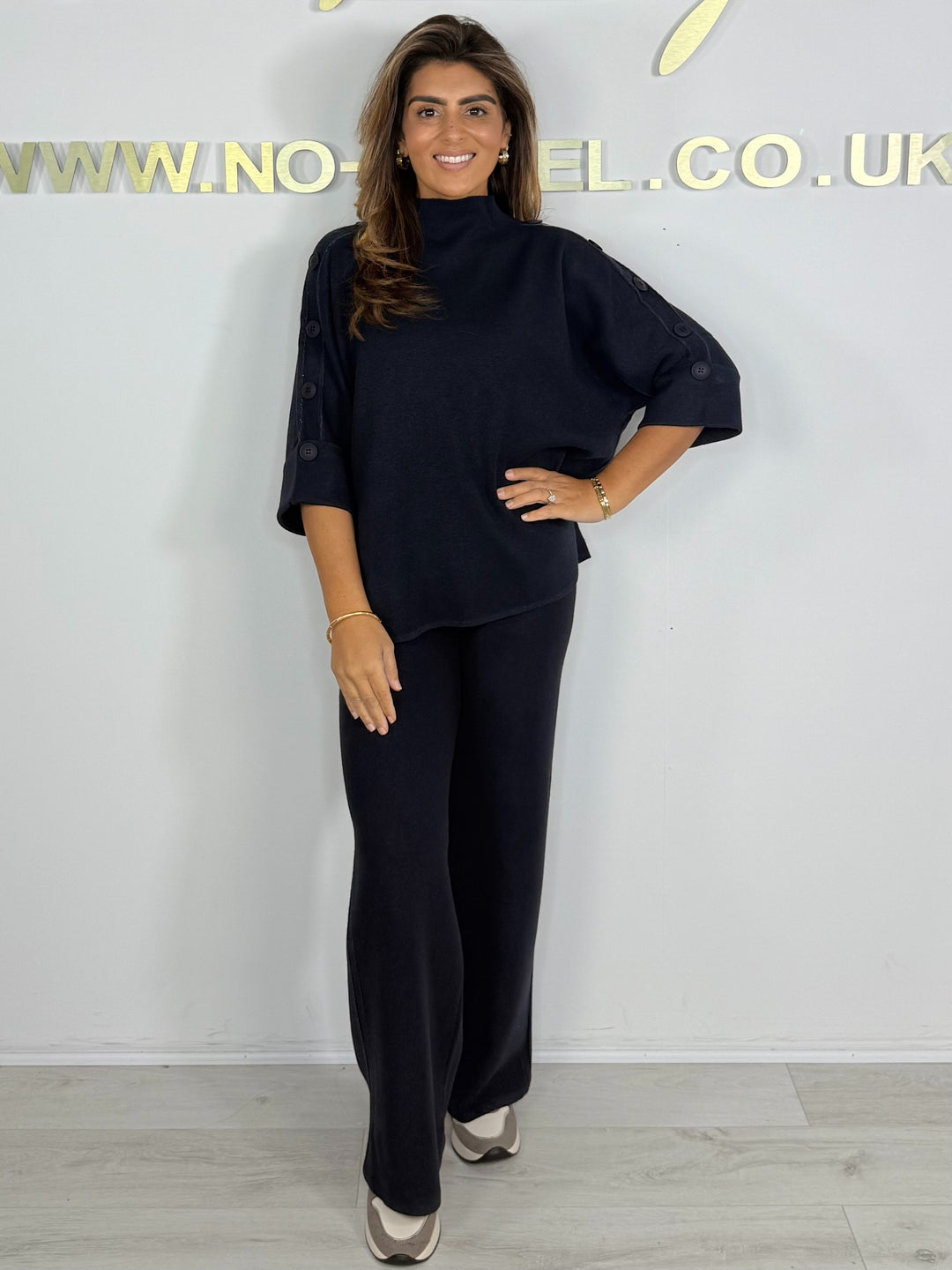 Turtle Neck 3/4 Sleeve Shimmer Trim Button Detail Trouser Co-ord (6 Colours)