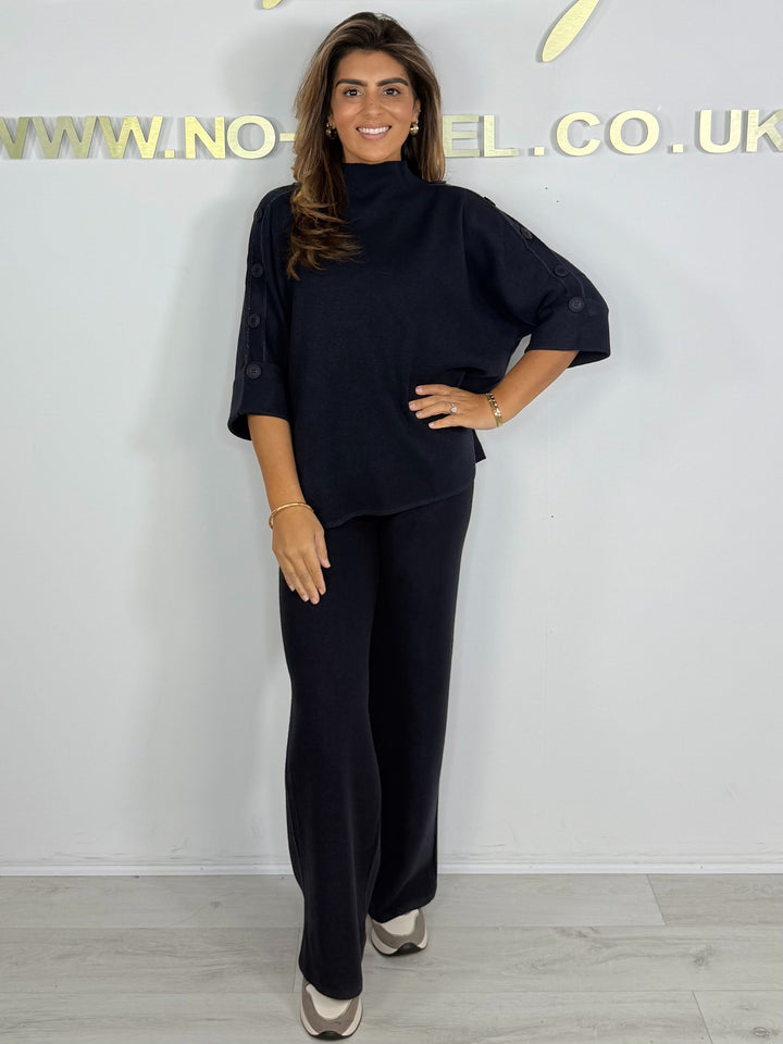 Turtle Neck 3/4 Sleeve Shimmer Trim Button Detail Trouser Co-ord (6 Colours)