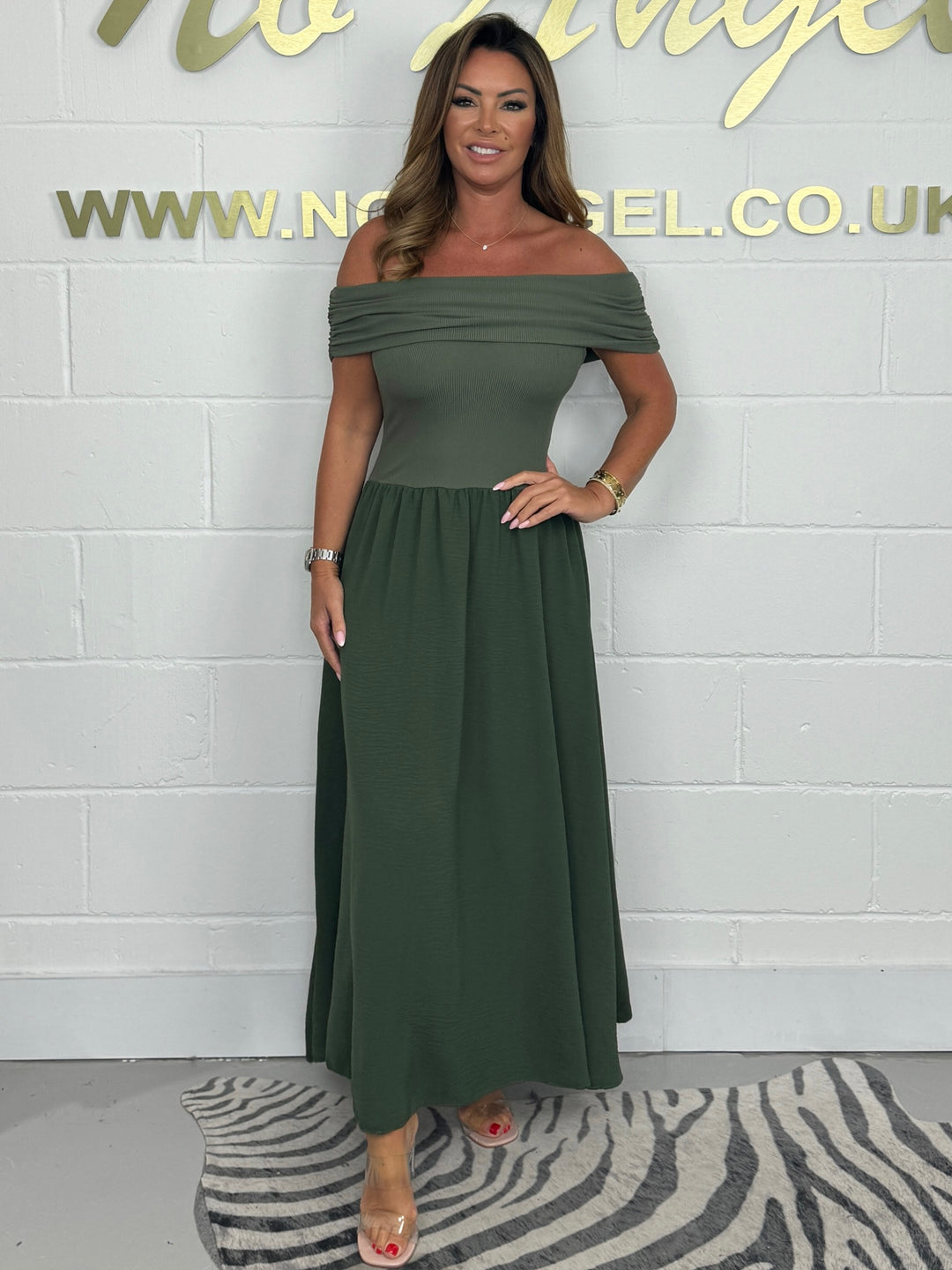 Flared Ribbed Top Fold Over Bardot Midi Dress