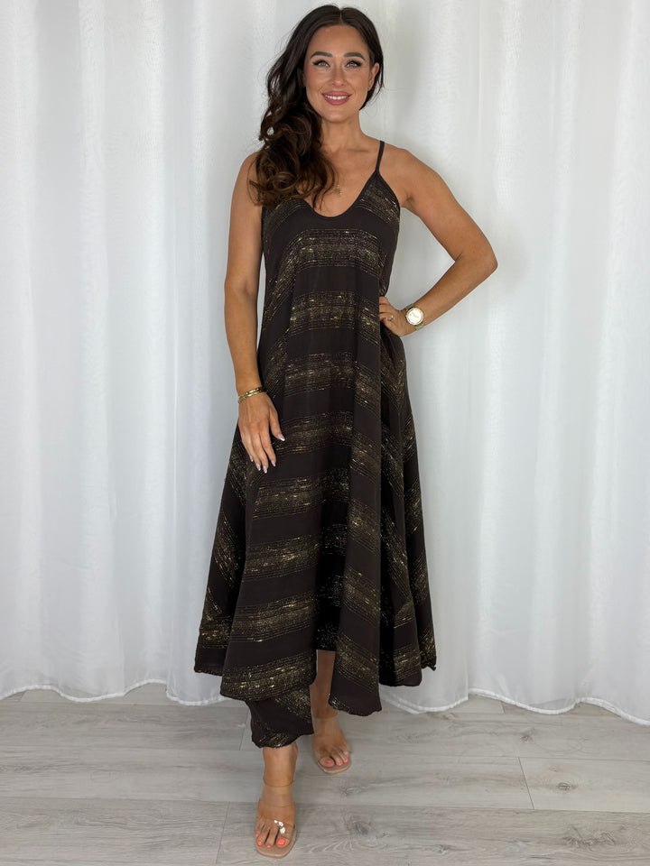V-Neck Strap Gold Fleck Maxi Dress (5 Colours)