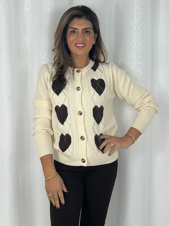 Cable Knit Heart & Diamond Design Soft Knit Cardigan (2 Colours)