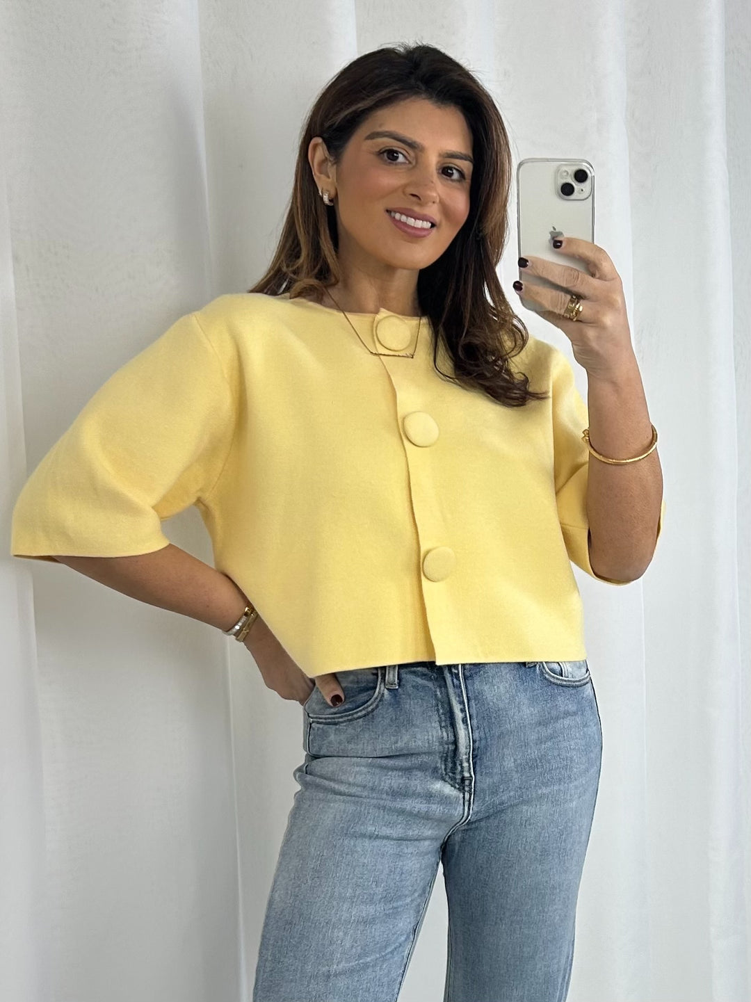 Yellow Cropped Covered Button 3/4 Sleeve Jumper