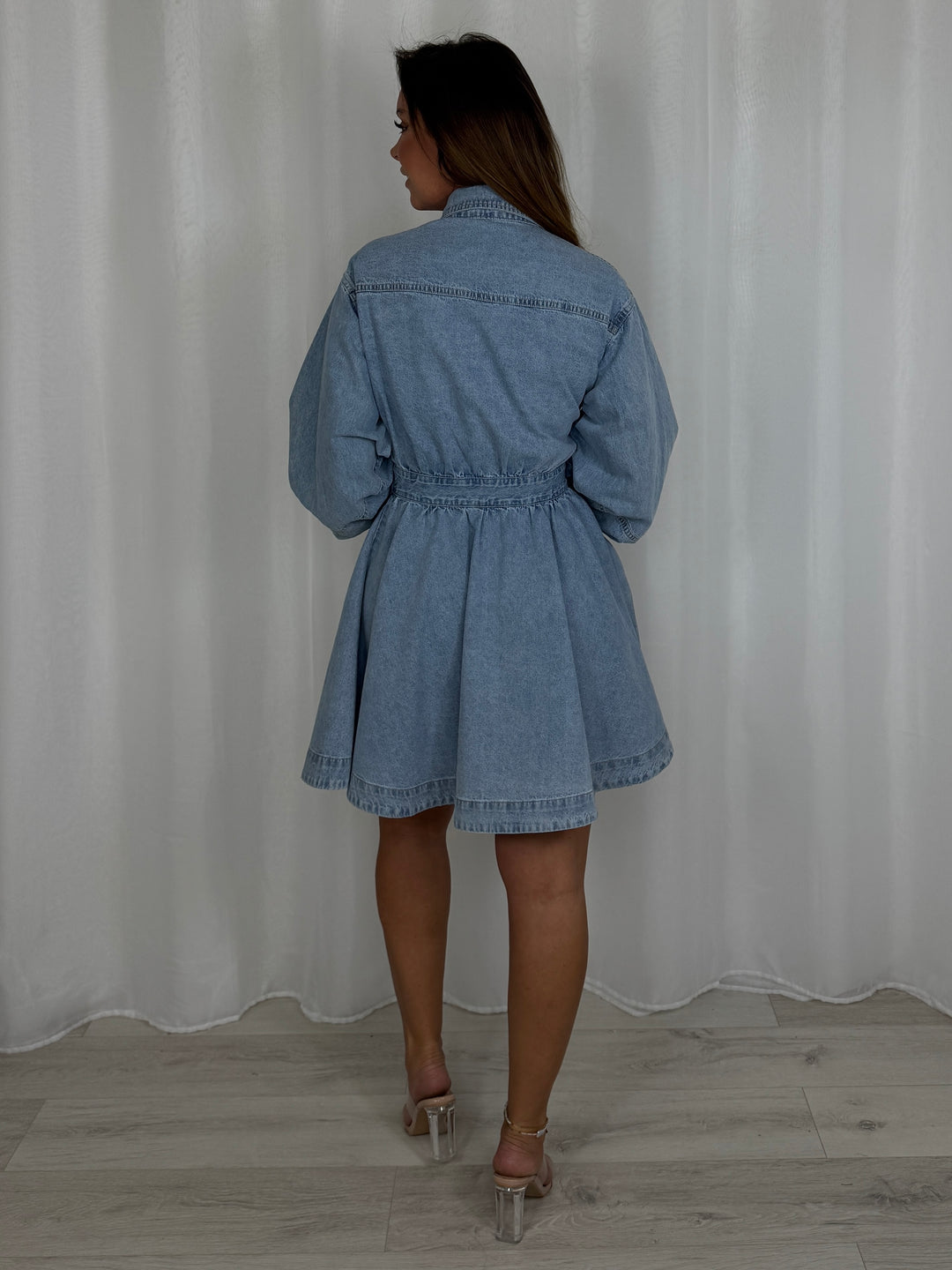 Denim Pleated Long Sleeve Belted Dress