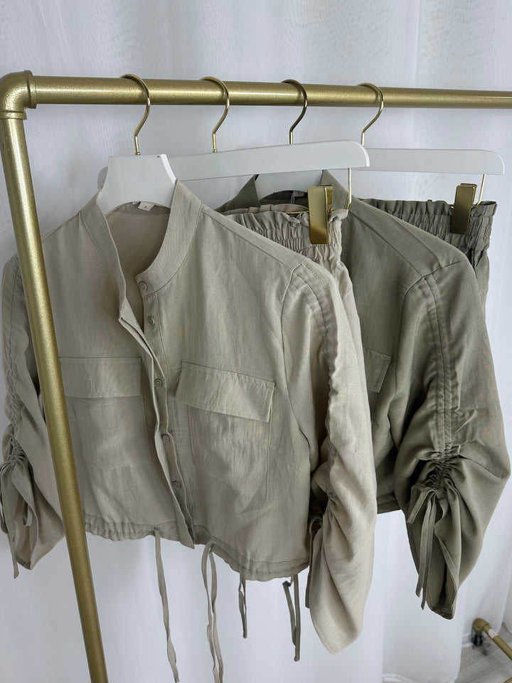 Military Style Ruched Sleeve Button Up Shirt And Shorts Co-Ord (2 Colours)