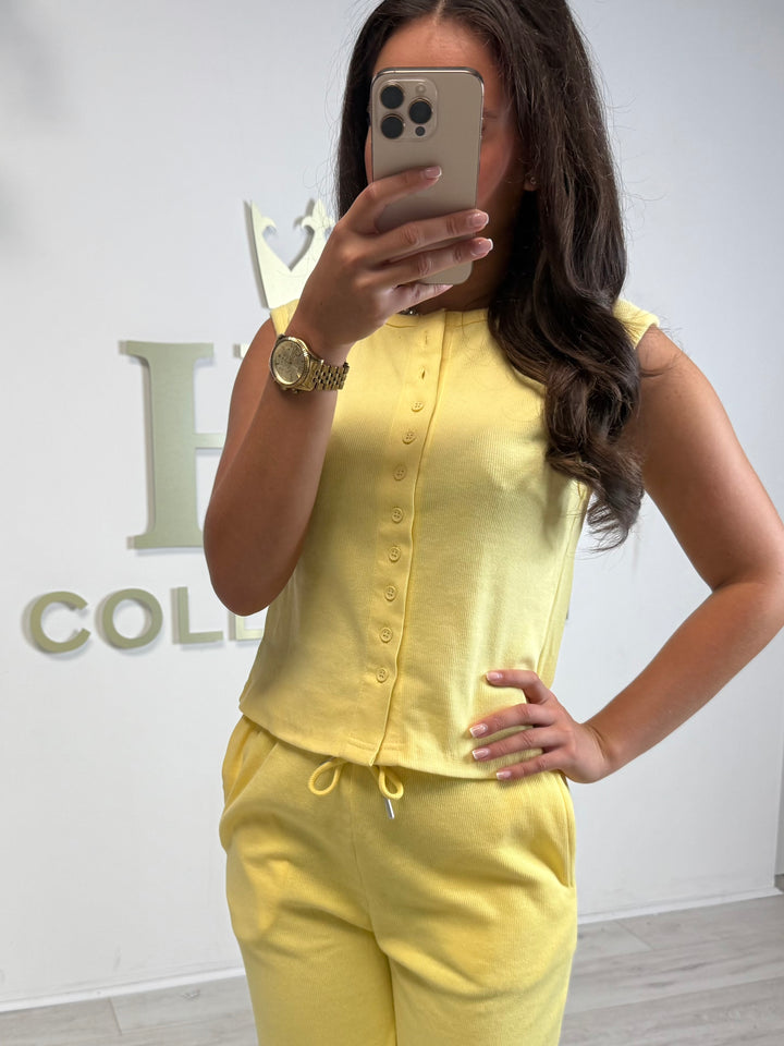 Yellow Ribbed Sleeveless Button Up Top & Trouser Co-ord