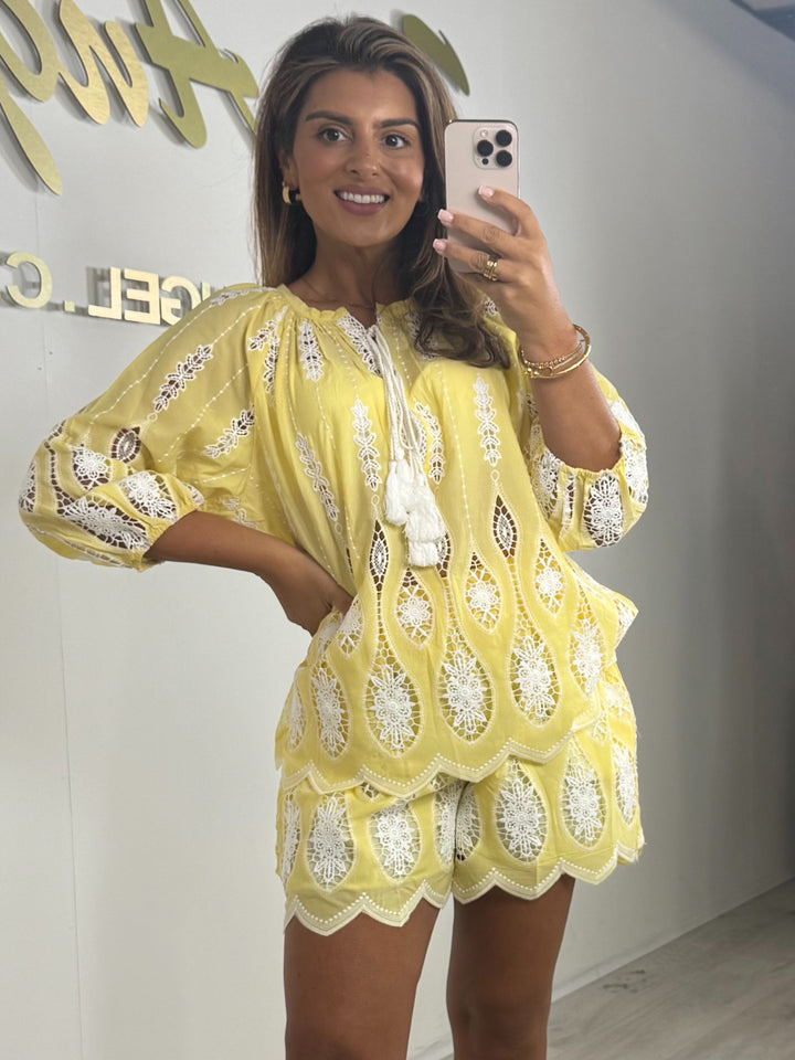 Laser Cut Lace Detail Shirt & Shorts Co-Ord (5 Colours)