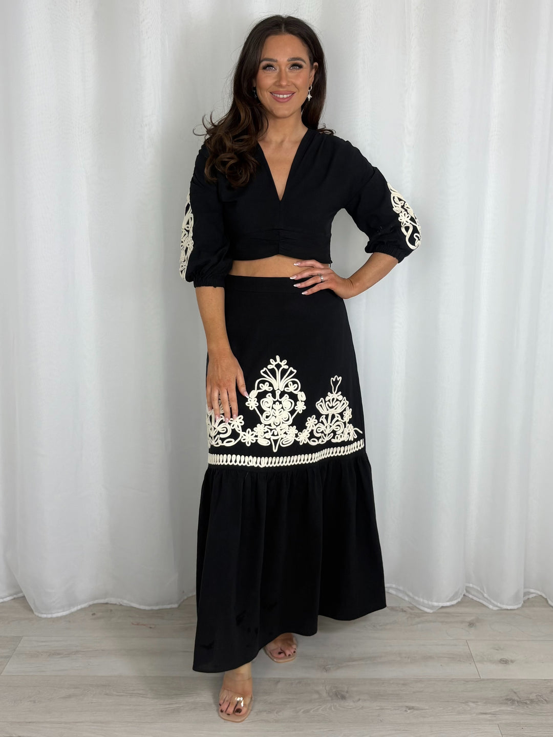 Puff Ball Sleeve Embroidered V-Neck Top And Maxi Skirt Co-Ord (4 Colours)