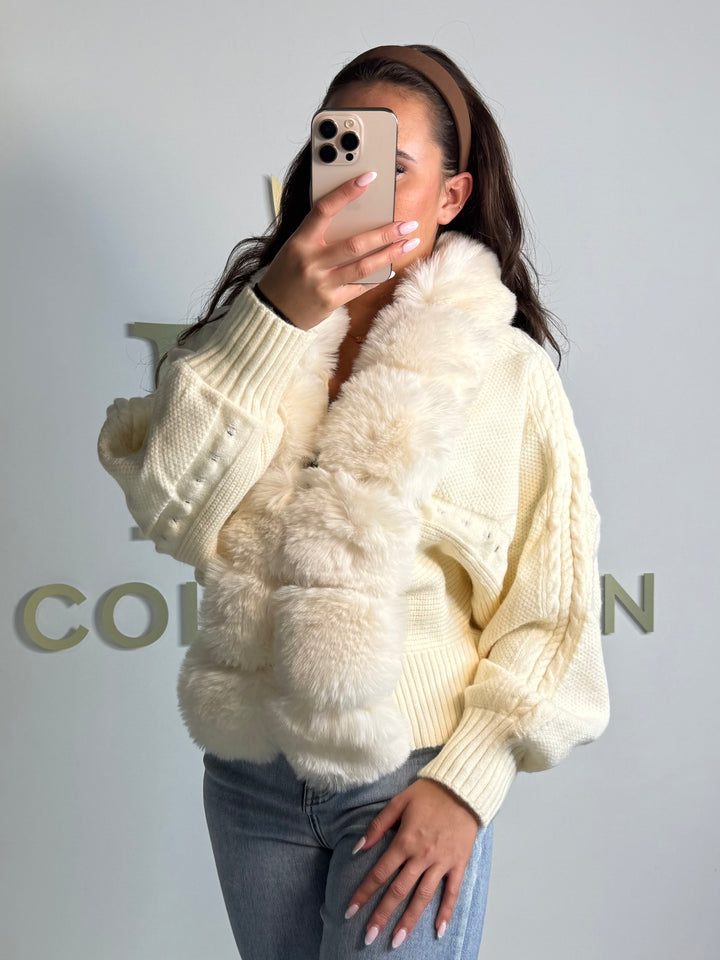 Cream Faux Fur Trim Cable Design Cardigan