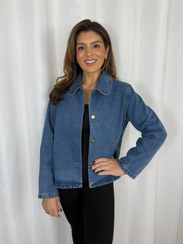 Blue Denim Collared Flat Gold Button Jacket