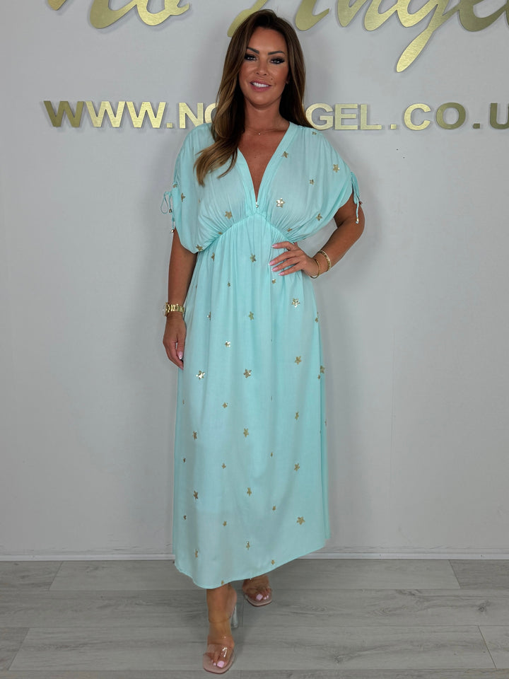 V-Neck Bell Sleeve Gold Sequin Flower Detail Maxi Dress (2 Colours)