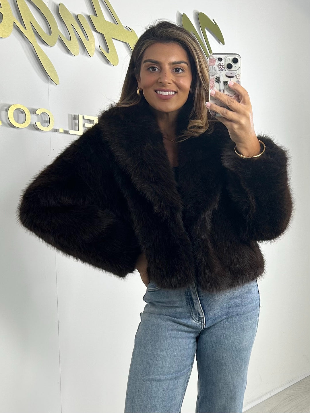 Brown Collared Faux Fur Cropped Jacket