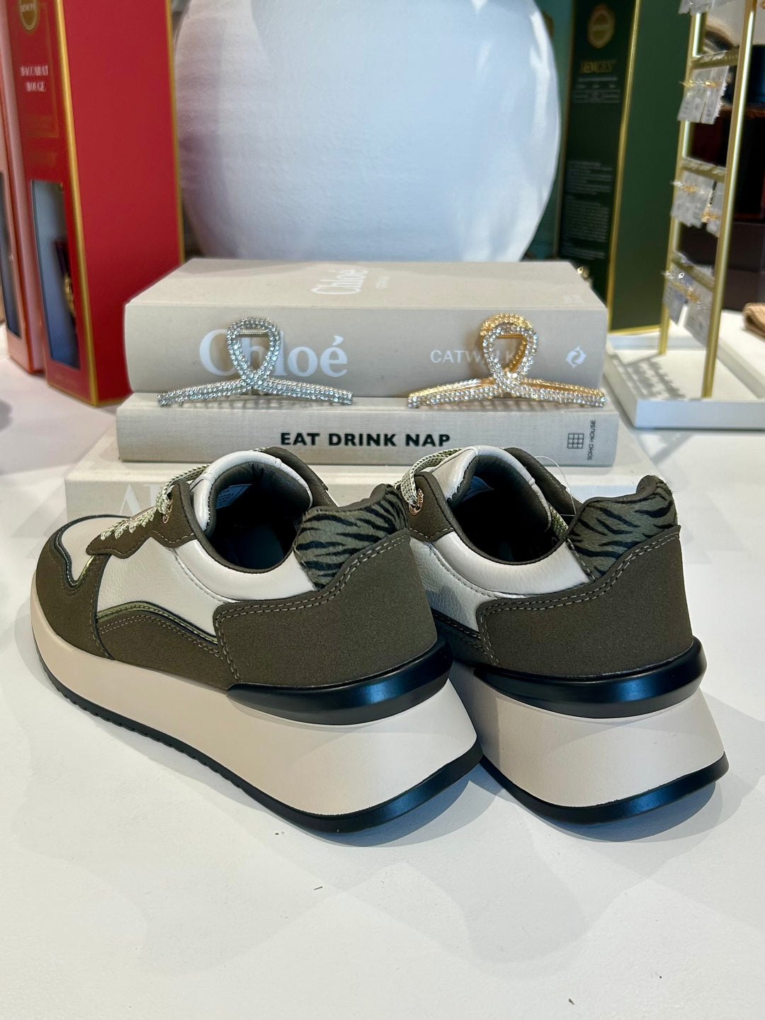 Khaki Faux Leather 2 Tone Zebra Back Trainers