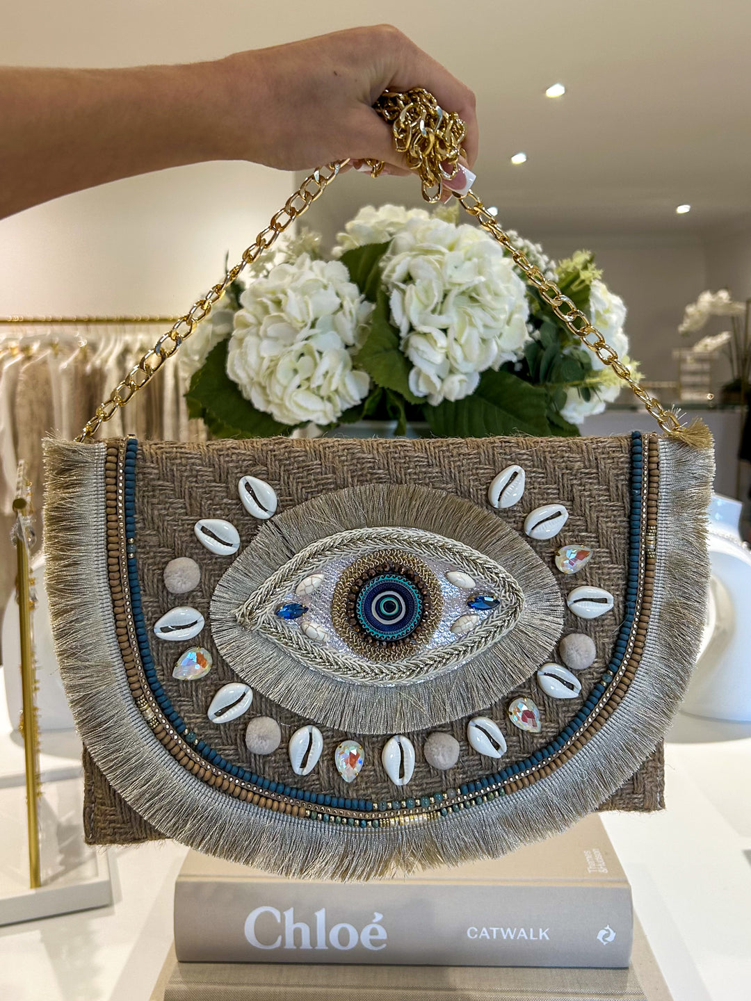 Evil Eye Shell Detail Clutch Bag