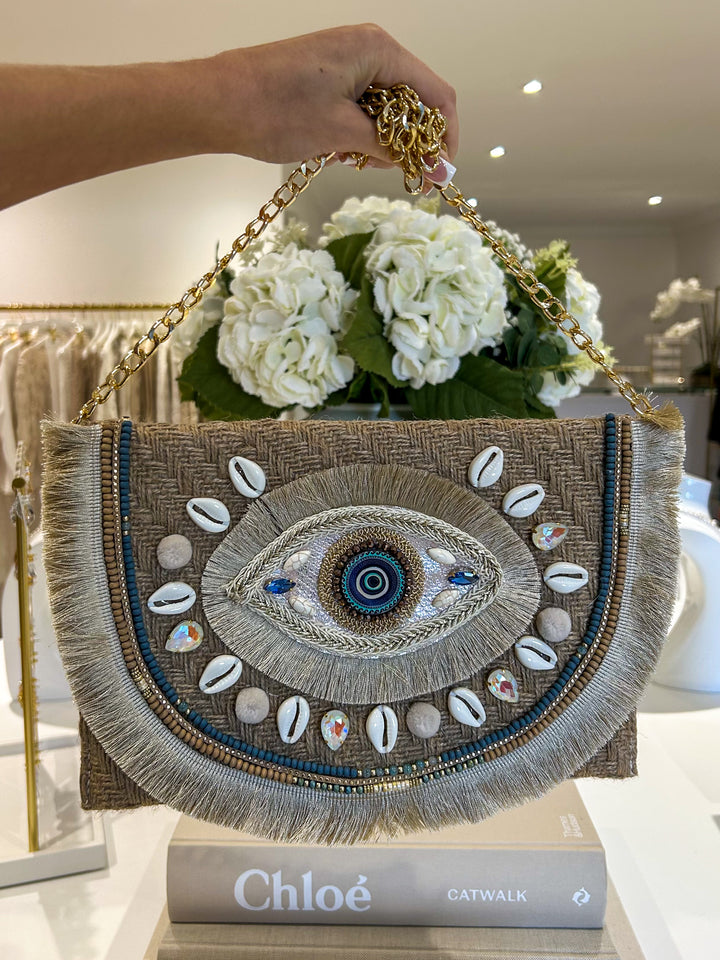 Evil Eye Shell Detail Clutch Bag