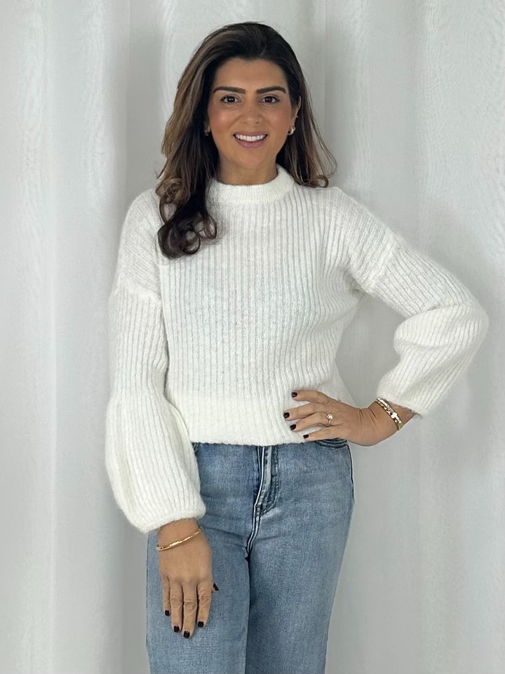 Balloon Sleeve Ribbed Round Neck Jumper (6 Colours)
