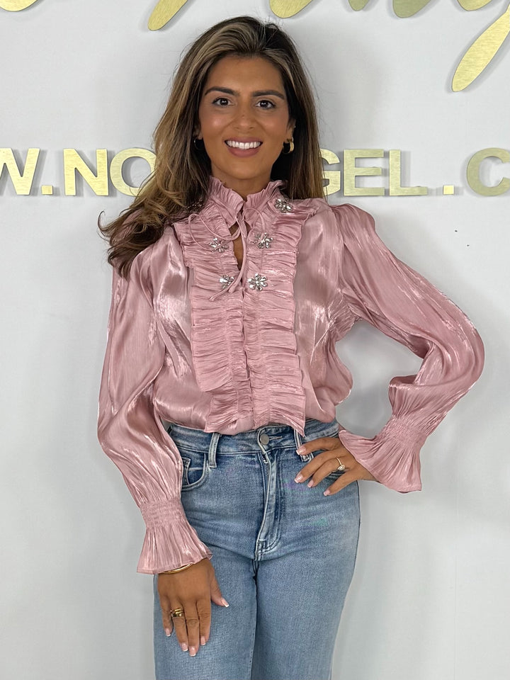Fringe Detail Grandad Collar Jewelled Detail Balloon Sleeve Blouse (3 Colours)