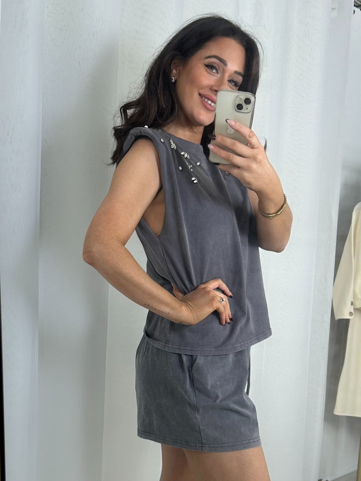 Flower Diamante Sleeveless Shoulder Pad Top & Shorts Co-Ord