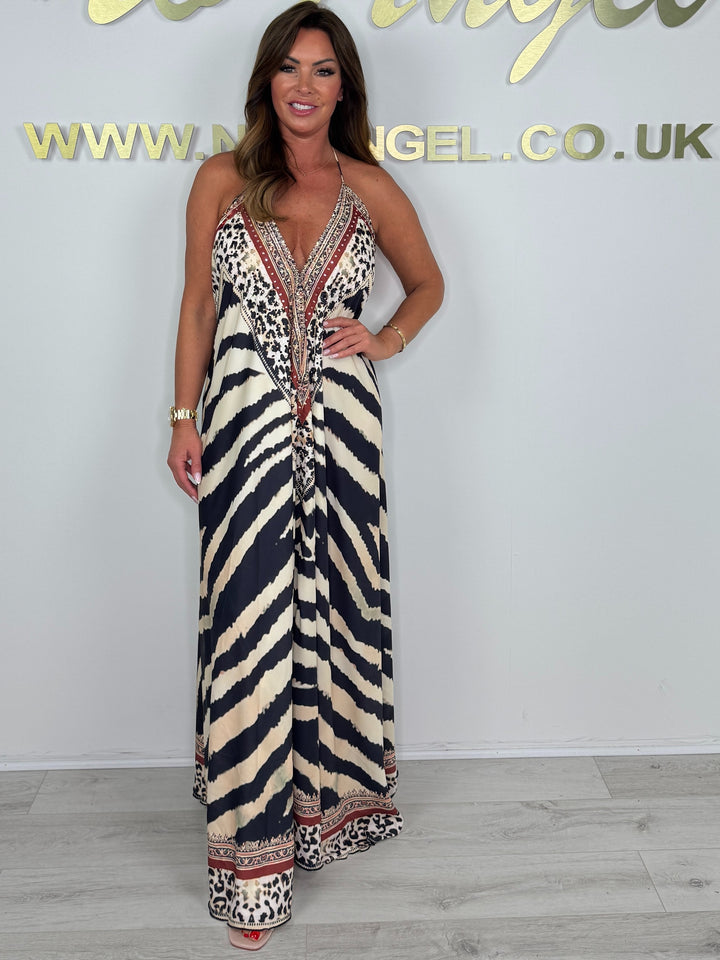 V-Neck Low Back Jewelled Detail Maxi Dress (2 Colours)