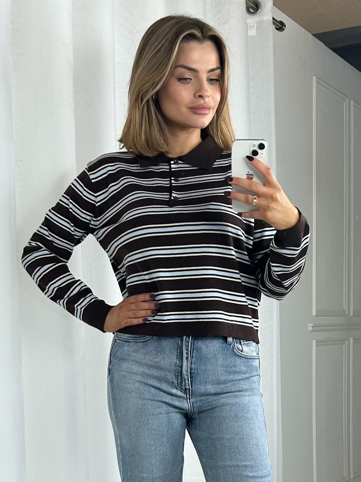 Striped Button Up Collared Soft Knit Jumper (2 Colours)