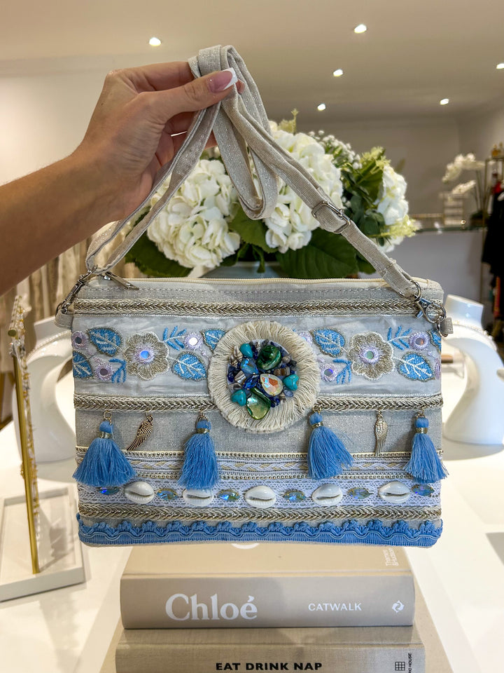 Blue Tassel Shell Detail Clutch Bag