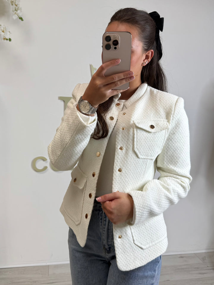 High Collared Tweed Gold Button Military Blazer (2 Colours)