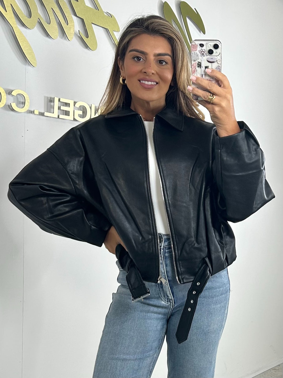 Faux Leather Belted Zip Up Jacket