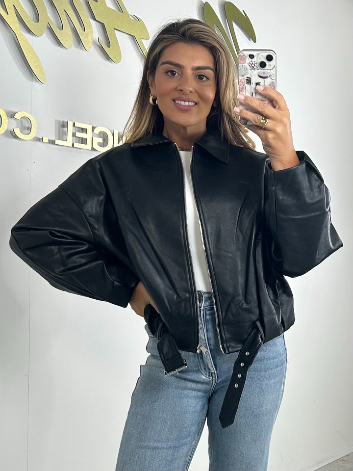 Faux Leather Belted Zip Up Jacket
