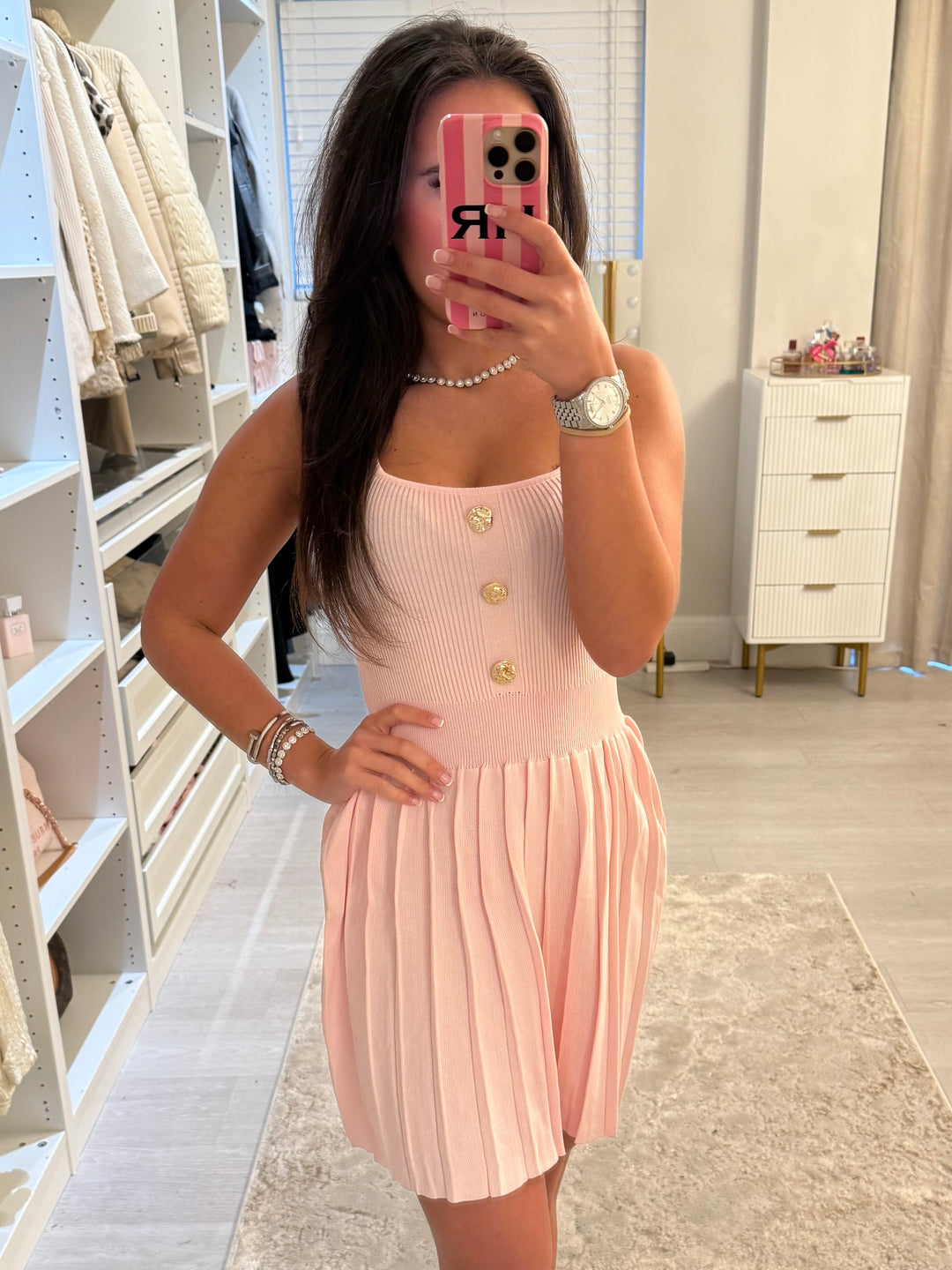 Gold Button Pleated Dress (5 Colours)