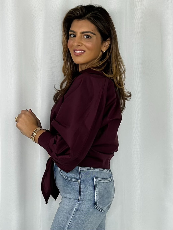 Collared Balloon Sleeve Gold Hardware Tie Front Shirt (4 Colours)