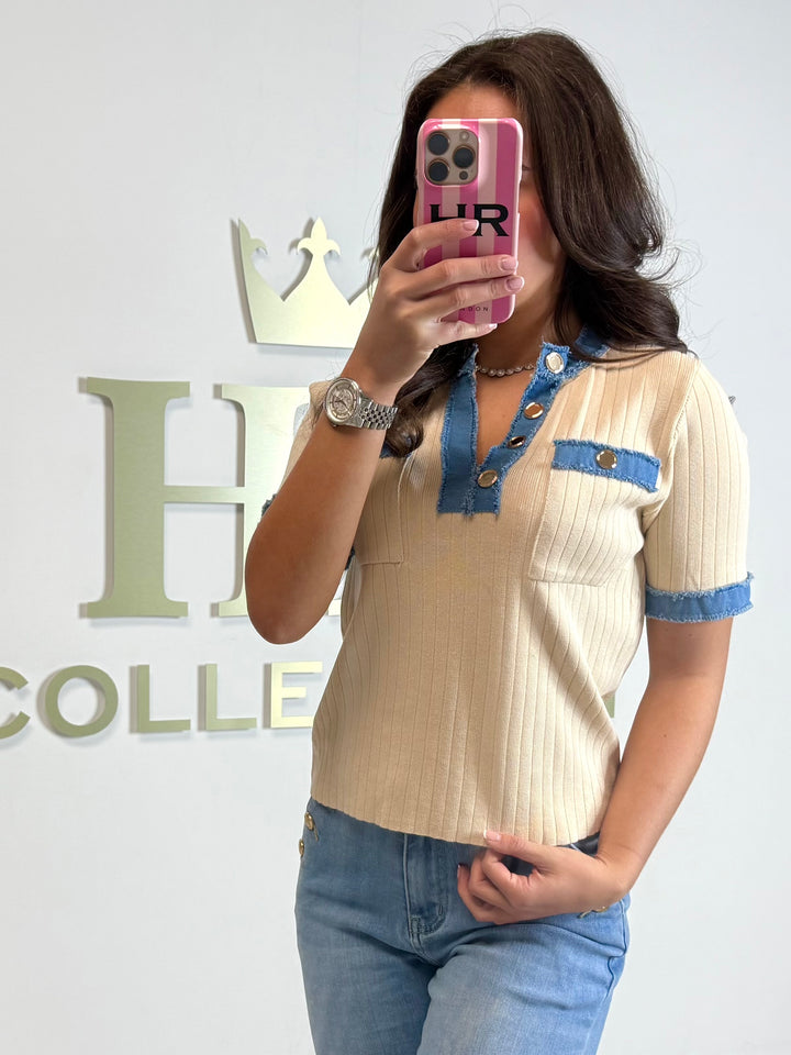 Short Sleeve Ribbed Denim Trim Gold Button Top