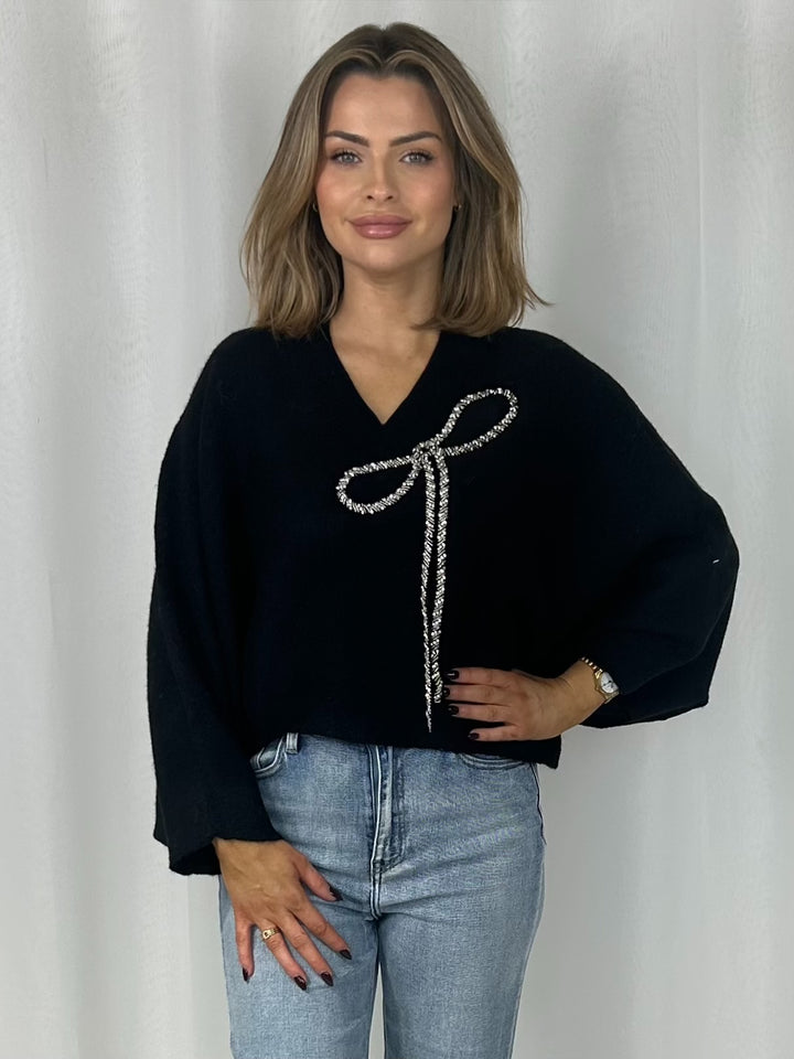 V-Neck Batwing Diamante Bow High Low Jumper (4 Colours)