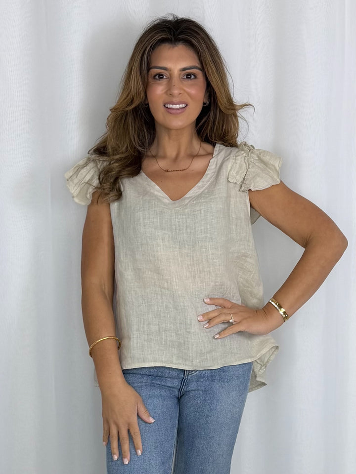 Linen V-Neck Frill Sleeve Top (8 Colours)