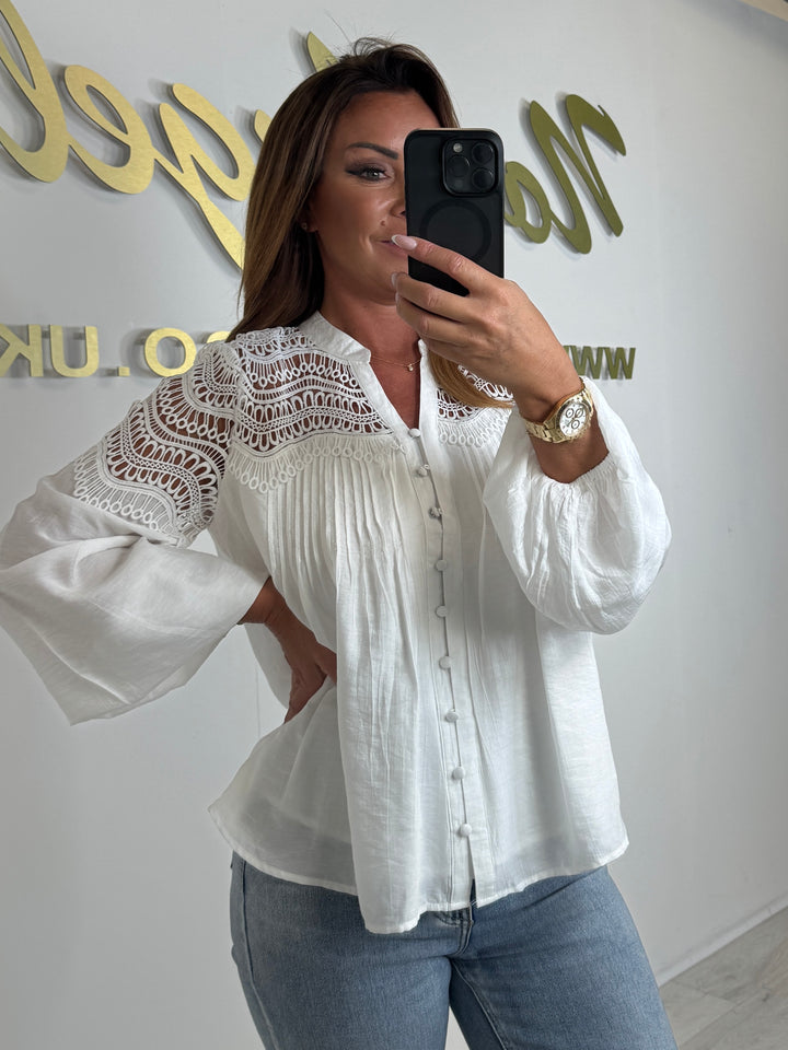 Grandad Collar Laser Cut Balloon Sleeve Blouse (3 Colours)