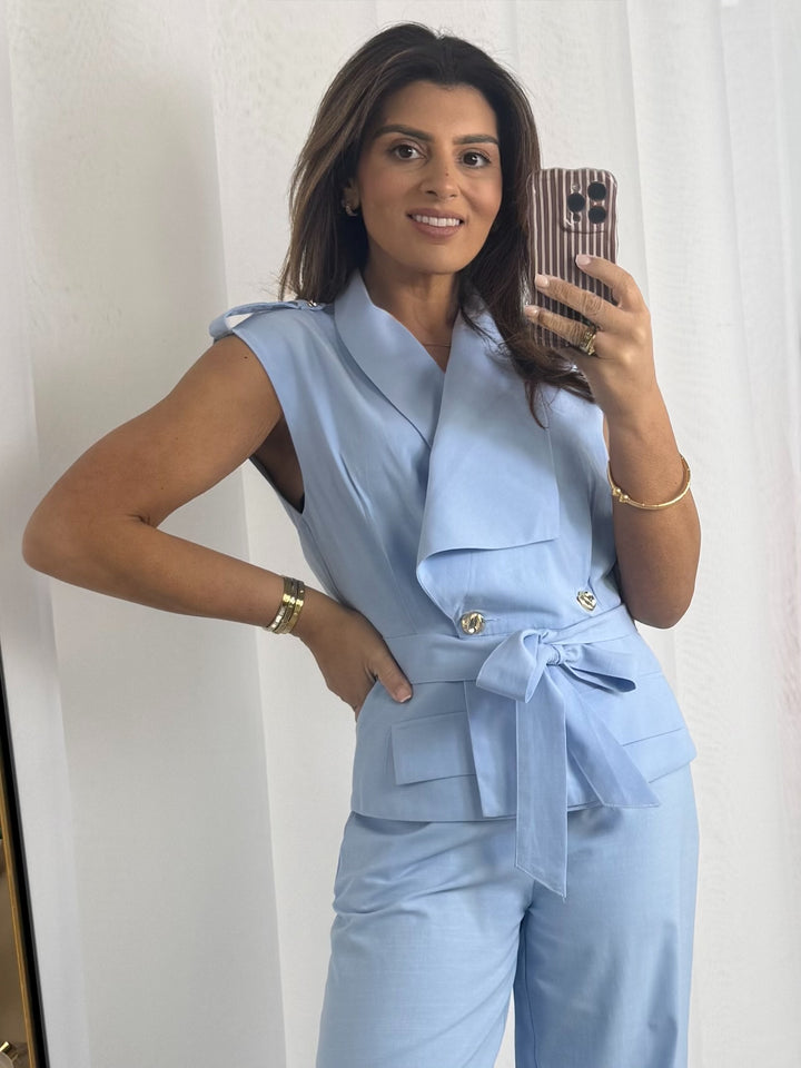 Sleeveless Belted Waistcoat Gold Hardware Trouser Co-ord (4 Colours)