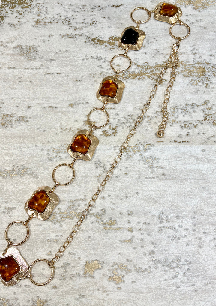 Gold Chain Belt With Brown And Black Stone Detail