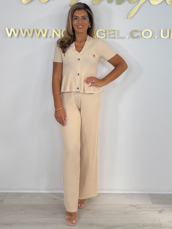 Ribbed V-Neck Pearl Trim Flower Pendant Peplum Top & Trouser Co-ord (2 Colours)