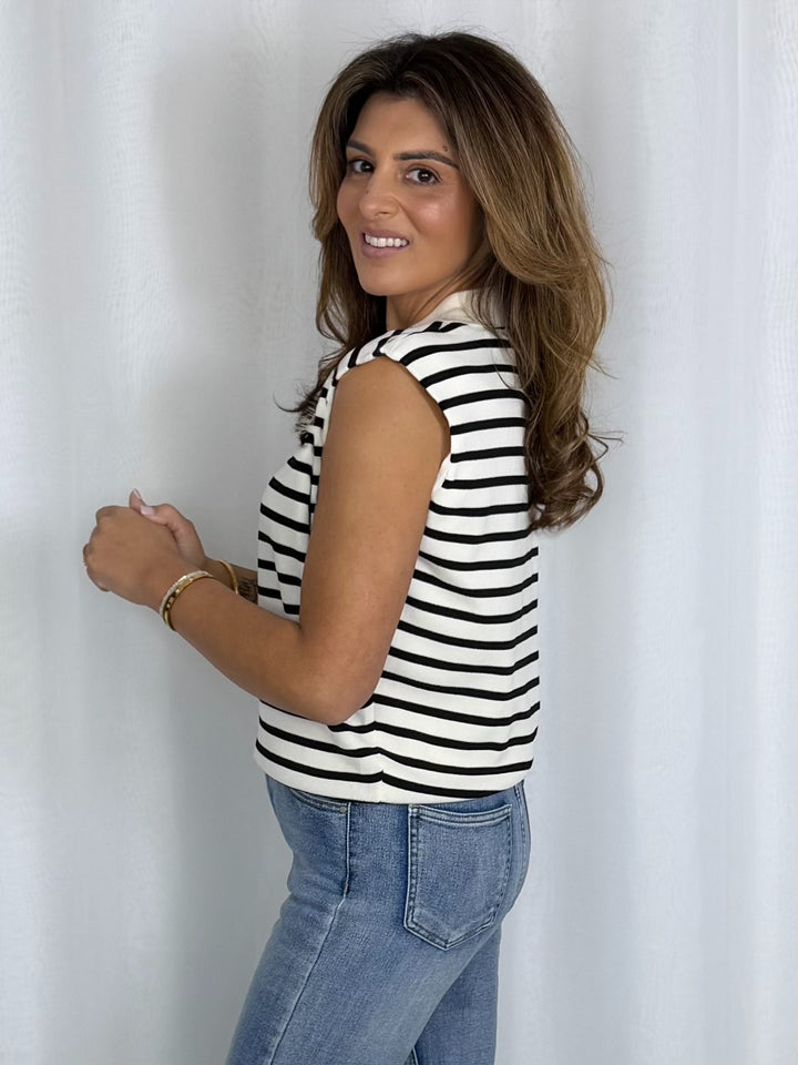 Sleeveless Striped V-Neck Collared Top