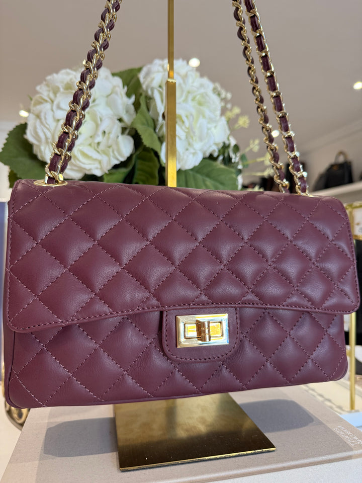 Large Genuine Leather Quilted Turn Lock Chain Handle Handbag (2 Colours)
