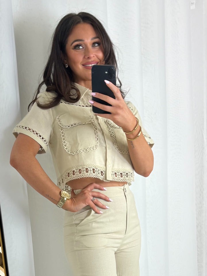 Beige Laser Cut Detail Top And Trouser Co-Ord